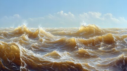Ocean, Waves, Landscape, Nature, Blue, Sea, Sky serene panoramic view with rolling surf and coastal horizon new beautiful stock image illustration AI