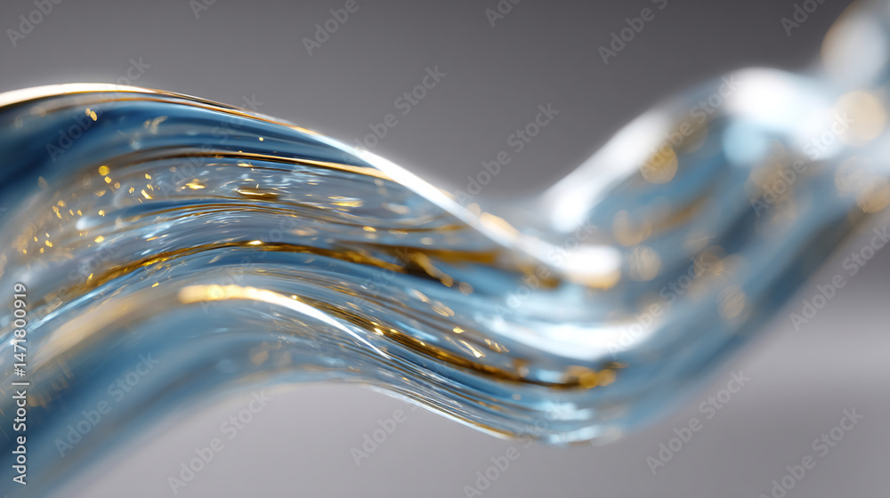 Poster Abstract image of flowing, translucent blue liquid with golden highlights, creating a dynamic and elegant visual, showcasing fluidity and luxury