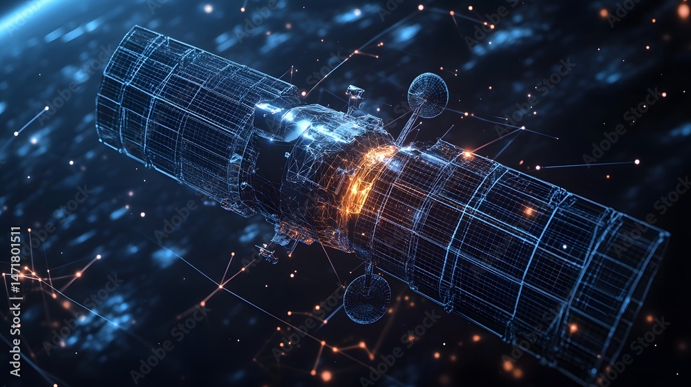 Poster futuristic satellite design against a networked constellation backdrop, representing advanced techno