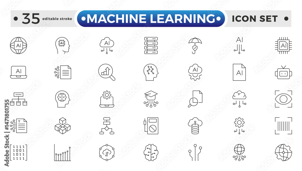 Fototapete Machine Learning outline icon. AI technology icons for web and mobile app. Machine learning, digital AI technology, algorithm, smart robotic, cloud computing network. Editable stroke outline icon.
