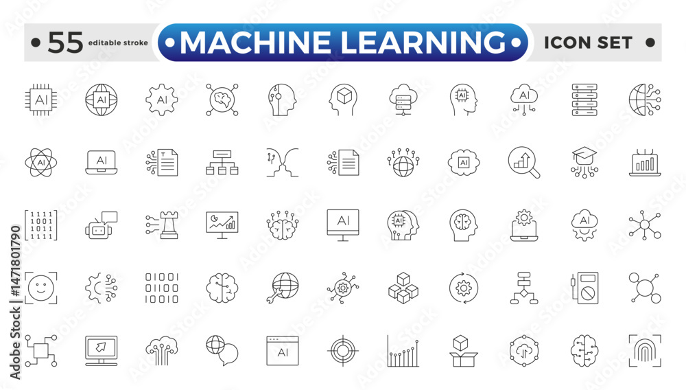Fototapete Machine Learning outline icon. AI technology icons for web and mobile app. Machine learning, digital AI technology, algorithm, smart robotic, cloud computing network. Editable stroke outline icon.
