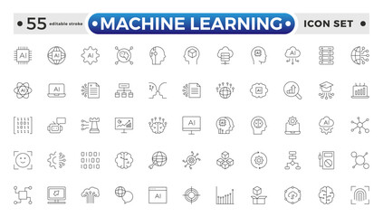 Machine Learning outline icon. AI technology icons for web and mobile app. Machine learning, digital AI technology, algorithm, smart robotic, cloud computing network. Editable stroke outline icon.
