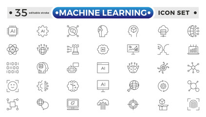 Machine Learning outline icon. AI technology icons for web and mobile app. Machine learning, digital AI technology, algorithm, smart robotic, cloud computing network. Editable stroke outline icon.
