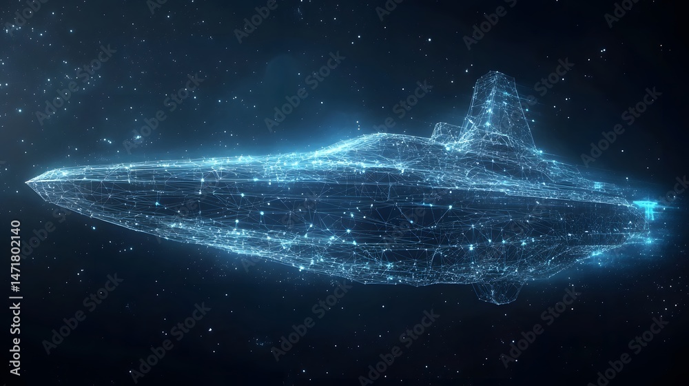 Aufkleber Futuristic spaceship wireframe glows brightly against a star-filled backdrop. Interconnected lines form a digital vessel, a symbol of space exploration and innovation. Abstract dark blue wireframe