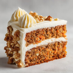 A slice of rich carrot cake, beautifully frosted and adorned with walnuts, ready to enjoy.