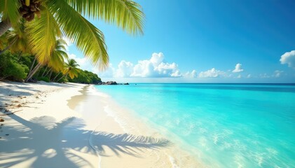 Sun-drenched beach scene with vibrant turquoise water and white sand , holiday, daytime, bright