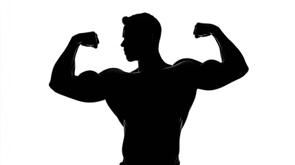 Silhouette of a bodybuilder flexing their biceps, a simple vector logo on a white background, in black and white