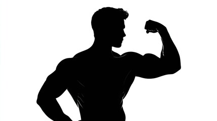 Silhouette of a bodybuilder flexing their biceps, a simple vector logo on a white background, in black and white