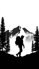 Logo, vector design silhouette of a person hiking with a backpack and mountains in the background, simple, white background, solid black lines
