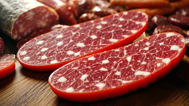 An assortment of thinly sliced sausages, including salami and mortadella, arranged in a row for serving.