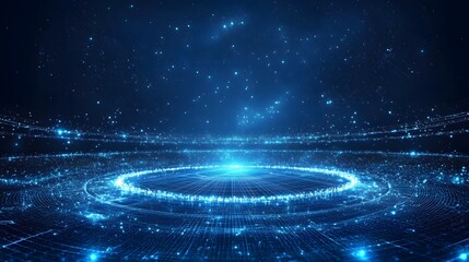 A captivating digital tableau of concentric, glowing rings against a starlit expanse evokes advanced technology and boundless data. Perfect for illustrating innovation. Abstract dark blue wireframe