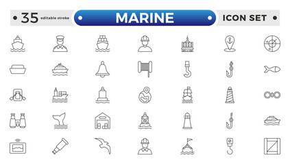 Marine outline icon set .line icons related to marine, port, ship, boat, harbor, crane, pier, wharf, logistic, captain, and shipyard. Editable stroke outline icon.
