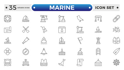 Marine outline icon set .line icons related to marine, port, ship, boat, harbor, crane, pier, wharf, logistic, captain, and shipyard. Editable stroke outline icon.
