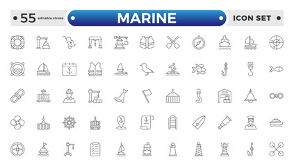 Marine outline icon set .line icons related to marine, port, ship, boat, harbor, crane, pier, wharf, logistic, captain, and shipyard. Editable stroke outline icon.
