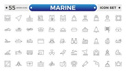 Marine outline icon set .line icons related to marine, port, ship, boat, harbor, crane, pier, wharf, logistic, captain, and shipyard. Editable stroke outline icon.
