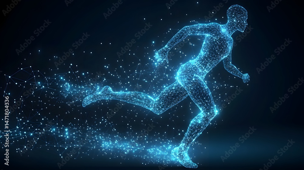 Aufkleber dynamic digital runner rendered in glowing blue light, mid-stride against a dark gradient. evokes sp