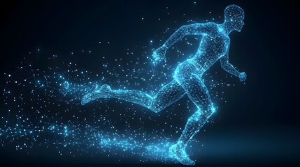 Dynamic digital runner rendered in glowing blue light, mid-stride against a dark gradient. Evokes speed and technological prowess. Ideal for tech, fitness, Abstract dark blue wireframe.