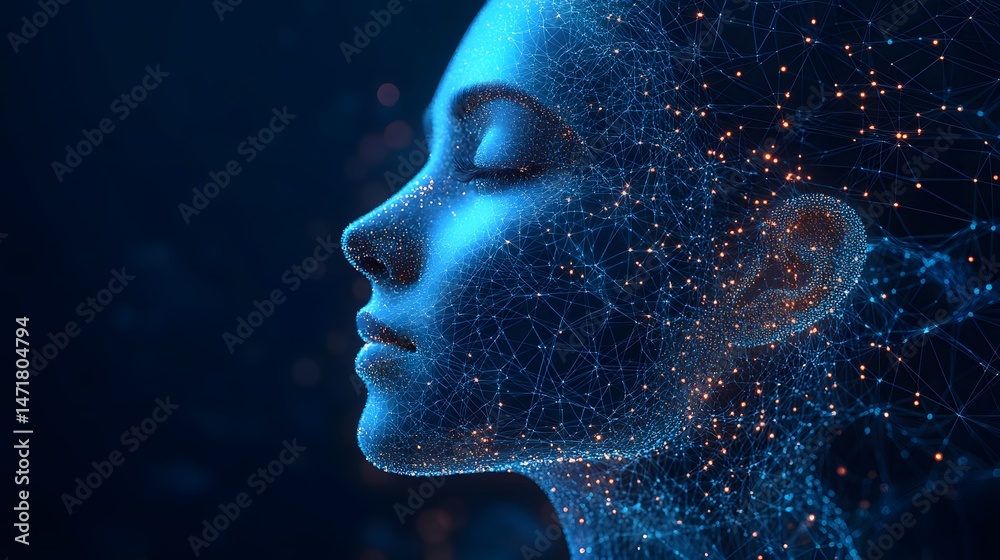 Poster A serene, futuristic face glows blue, constructed from a network of lines and glowing nodes. Closed eyes convey peace. A technological marvel, floating in darkness. Abstract dark blue wireframe