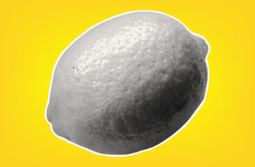 Whole lemon. Citrus tropical fruit with halftone texture. Sour raw fresh food. Isolated lemon on yellow background for modern art collage design. Vector paper cut element.