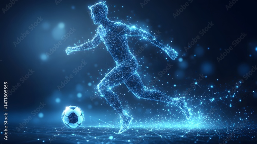 Aufkleber dynamic digital artwork showcasing a soccer player in motion, rendered with interconnected blue line