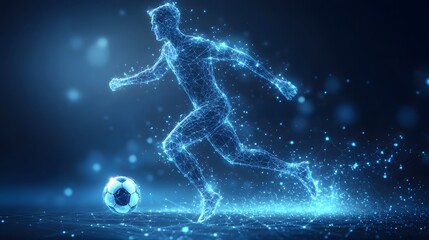 Dynamic digital artwork showcasing a soccer player in motion, rendered with interconnected blue lines. Futuristic and high-tech aesthetic emphasizes sports and technology. Abstract dark blue wireframe