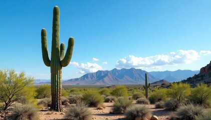 Majestic saguaro cactus dominates the Arizona desert landscape under a vibrant blue sky , barrel cactus, sand, flora