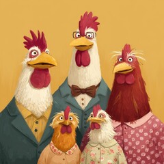 A stylized portrait of a humorous chicken family.