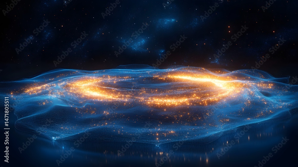 Poster a celestial dance unfolds, stars illuminating a mysterious landscape. golden lights pierce the abstr
