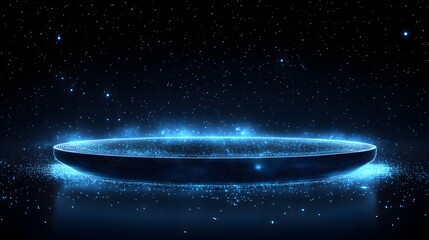 Obraz premium Glowing platform amidst a starlit expanse, radiating energy. Blue particles dance around, hinting at advanced tech. A futuristic scene invoking innovation. Abstract dark blue wireframe