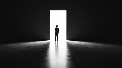 A man standing in front of a door. The door is open and the man is looking through it. depression.
