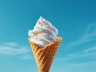 A scoop of ice cream in a waffle cone is sitting on a blue background. The ice cream is white and the cone is brown. Concept of indulgence and enjoyment