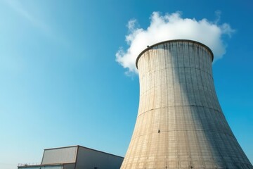 Large industrial cooling tower emitting vapor against a blue sky , electricity generation, plant, pipes