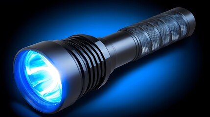 Powerful Blue LED Flashlight on Blue Background Stock Photo