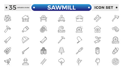Sawmill outline icon set. Logging, sawmill, icon set. Lumber, lumberjack, linear icons. Wood production. Editable stroke outline icon.
