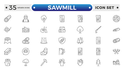 Sawmill outline icon set. Logging, sawmill, icon set. Lumber, lumberjack, linear icons. Wood production. Editable stroke outline icon.
