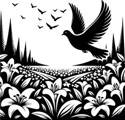 Dove of Peace Over a Field of Lilies