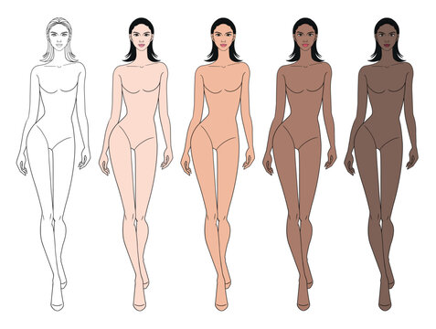 Colored skin tones fashion croquis figurines walking with short hair woman in vector.