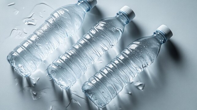 Three empty plastic water bottles in different sizes (500ml, 1L, 1.5L) arranged diagonally on a light gray background, all caps on