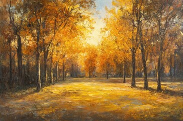 Fototapeta premium Golden sunlight falling on autumn trees in park