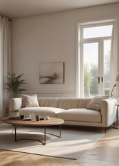 Neutral palette living room, plush sofa, natural light,  furniture,  wood,  dwelling