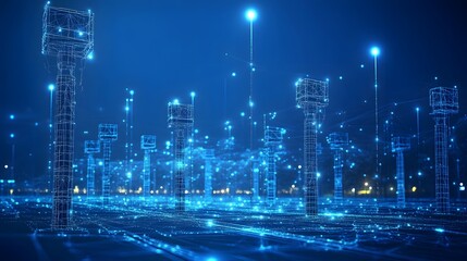 Fototapeta premium Futuristic blue wireframe cityscape with glowing towers and bright lights. A digital abstract urban environment evoking high-tech innovation and connectivity. Abstract dark blue wireframe