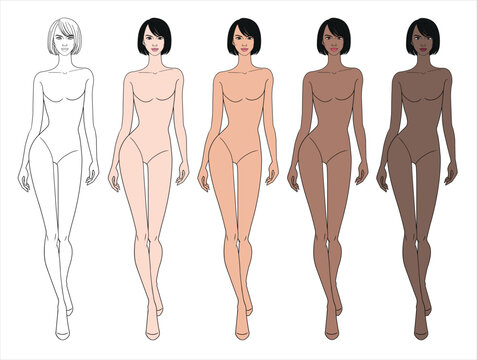 Colored skin tones fashion croquis figurines walking with short bob hair woman in vector.