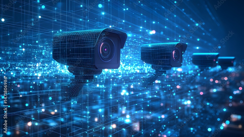 Poster Wireframe security cameras aligned, receding into a network grid with glowing blue spheres. Modern surveillance meets abstract design, suggesting advanced technology. Abstract dark blue wireframe