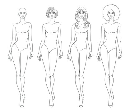 Fashion outline sketch drawing croquis figurines female body walking with different hairs in vector.