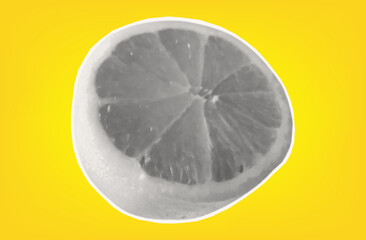 Half a lemon. Citrus tropical fruit with halftone texture. Sour raw fresh food. Isolated lemon on yellow background for modern art collage design. Vector paper cut element.