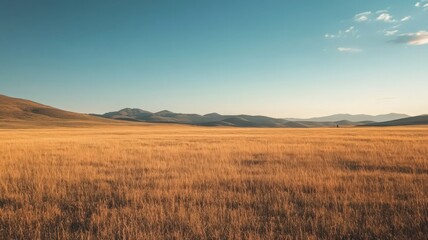 Fototapeta premium Expansive Golden Field Under a Blue Sky