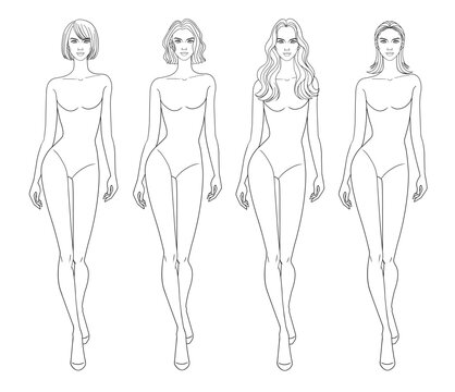 Fashion outline sketch drawing croquis figurines female body walking with different hairs in vector.