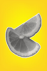 Whole lemon. Citrus tropical fruit with halftone texture. Sour raw fresh food. Isolated lemon on yellow background for modern art collage design. Vector paper cut element.