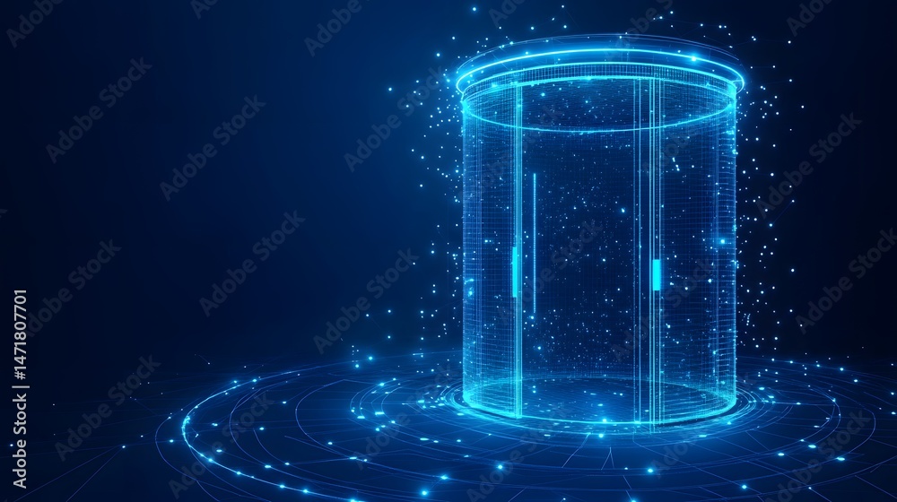 Poster futuristic digital cylinder emitting a cool blue glow. web of connected dots surrounds it, resting o