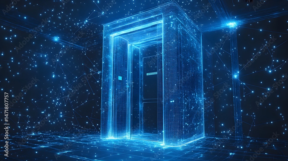 Leinwandbilder step into a digital realm with this futuristic elevator. blue wireframes and glowing dots create a c